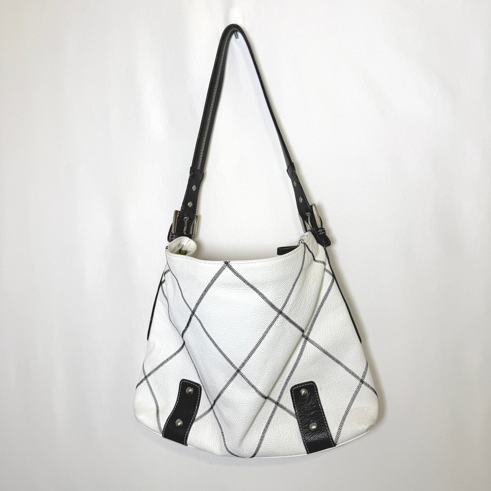 Sophia Visconti White Pebbled Leather Diamond Black Stitch Hobo Shoulder Bag